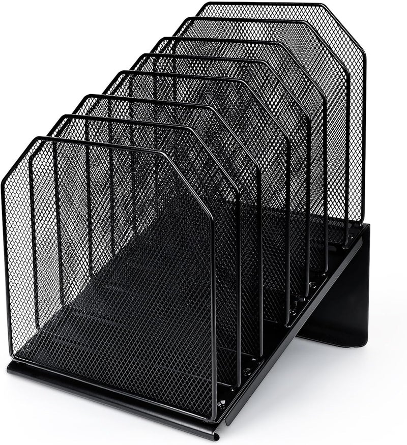 SUMMORE Inclined File Organizer for Desk, 7-Section Vertical File Folder Holder Office Desk Organizer Metal Rack File Wire Mesh Desktop Document Sorter for Office School Classroom Home (Black) - Image 1